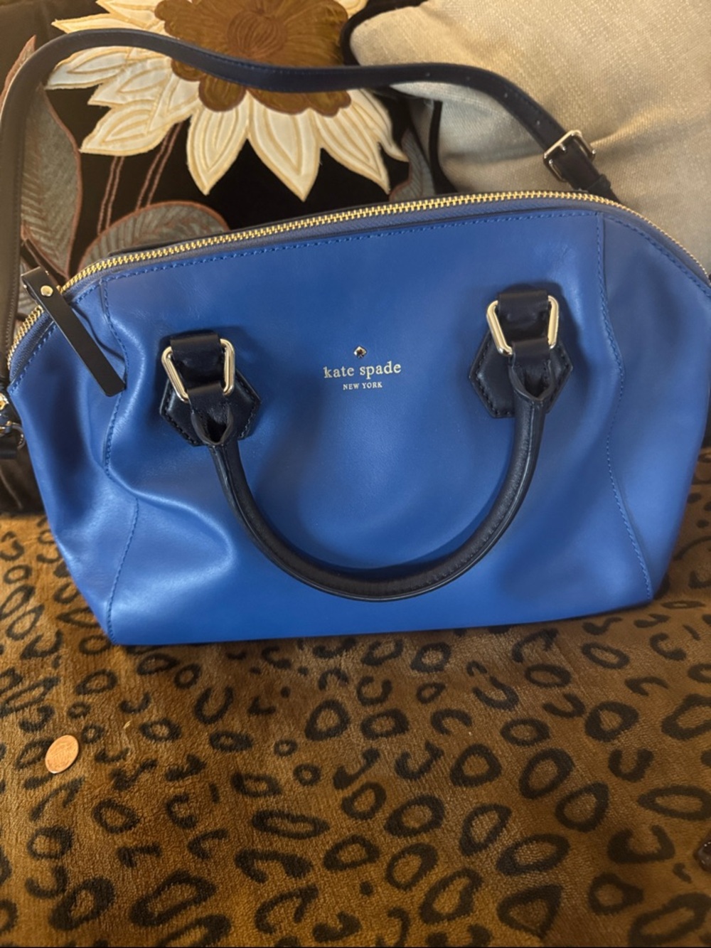 kate spade cobalt blue leather satchel with navy trim